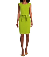 Kasper Petite Size Stretch Crepe Sleeveless Belted Zipper Pocket Sheath Dress