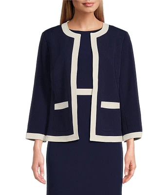 Kasper Petite Size Stretch Crepe Woven Round Neck Patch Pocket 3/4 Sleeve Open-Front Framed Coordinating Jacket