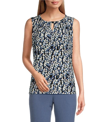 Kasper Petite Stretch Abstract Print Pleated Keyhole Neckline Sleeveless Top