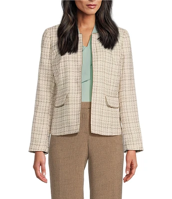 Kasper Plaid Tweed Long Sleeve Cardigan Jacket