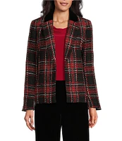 Kasper Plaid Tweed Velvet Notch Lapel Open-Front Jacket