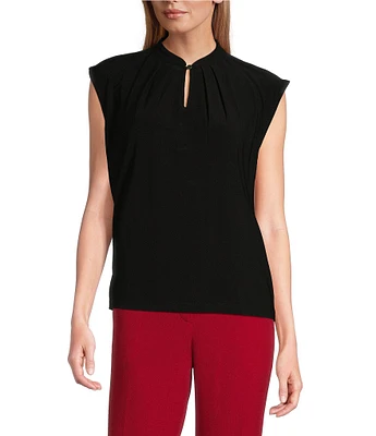 Kasper Pleated Keyhole Button Neck Cap Sleeve Top