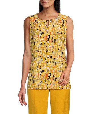 Kasper Abstract Print Pleated Keyhole Neck Sleeveless Fitted Top