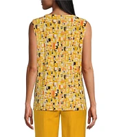 Kasper Abstract Print Pleated Keyhole Neck Sleeveless Fitted Top