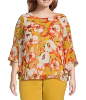 Kasper Plus Size Floral Printed Crew Neckline Ruffle 3/4 Sleeve Blouse