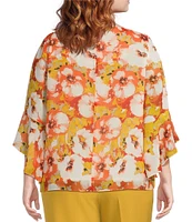 Kasper Plus Size Floral Printed Crew Neckline Ruffle 3/4 Sleeve Blouse