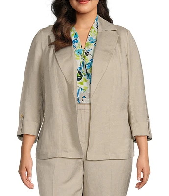 Kasper Plus Size Linen Blend Cuffed Sleeve Open Front Jacket