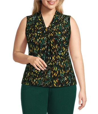 Kasper Plus Size Abstract Print ITY V-Neck Sleeveless Knot Front Blouse