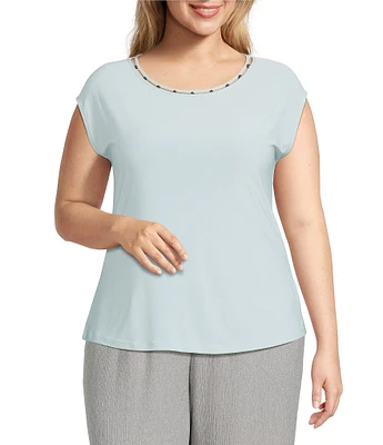 Kasper Plus Size Beaded Round Neck Cap Sleeve Top
