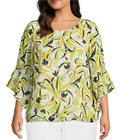Kasper Plus Size Chiffon Crew Neck 3/4 Ruffle Sleeve Blouse