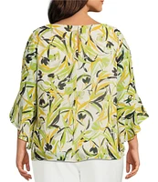 Kasper Plus Size Chiffon Crew Neck 3/4 Ruffle Sleeve Blouse