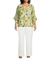 Kasper Plus Size Chiffon Crew Neck 3/4 Ruffle Sleeve Blouse