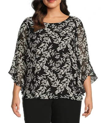 Kasper Plus Size Chiffon Leaf Printed Crew Neck 3/4 Ruffle Sleeve Blouse