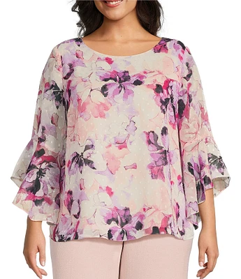 Kasper Plus Size Clip Dot Chiffon 3/4 Ruffle Sleeve Blouse