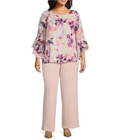 Kasper Plus Size Clip Dot Chiffon 3/4 Ruffle Sleeve Blouse