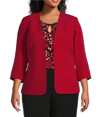 Kasper Plus Size Collarless Rolled Cuff 3/4 Sleeve Button Pocket Cardigan