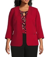 Kasper Plus Size Collarless Rolled Cuff 3/4 Sleeve Button Pocket Cardigan