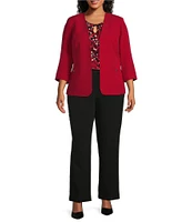 Kasper Plus Size Collarless Rolled Cuff 3/4 Sleeve Button Pocket Cardigan