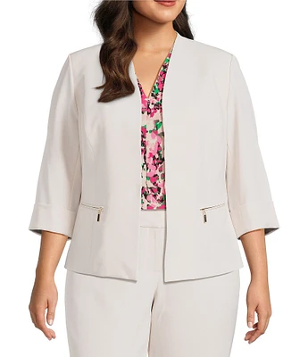 Kasper Plus Size Crepe 3/4 Sleeve Zip Pocket Cardigan