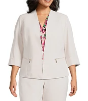 Kasper Plus Size Crepe 3/4 Sleeve Zip Pocket Cardigan