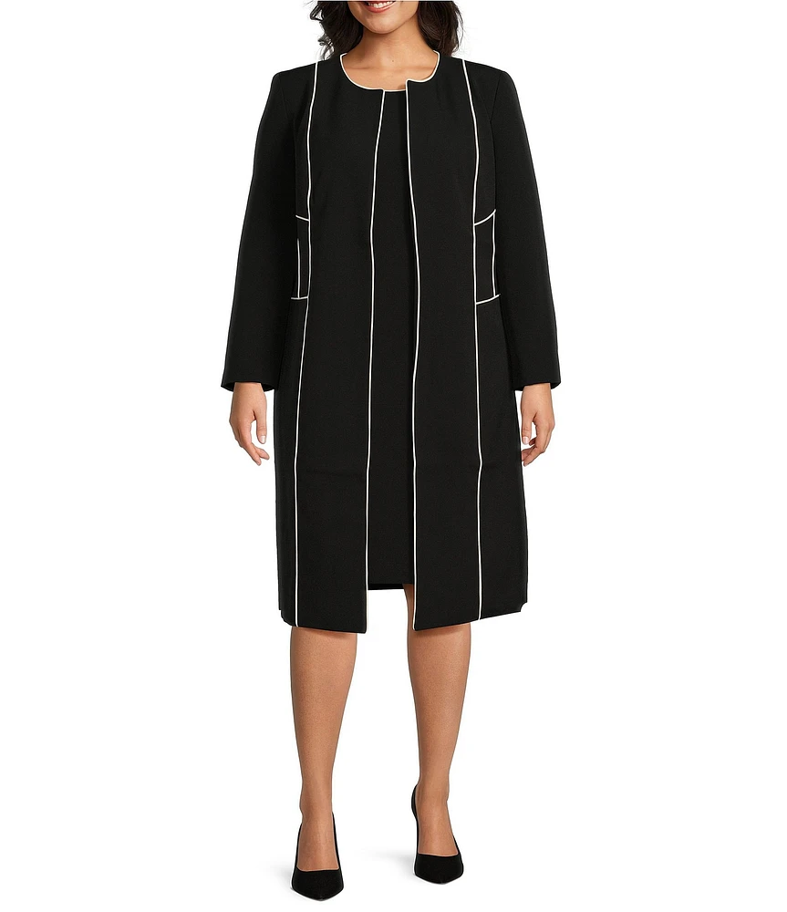 Kasper Plus-Size Crepe Combo Seamed Collarless Long Sleeve Topper