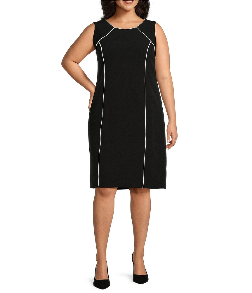 Kasper Plus Size Crepe Contrast Piping Crew Neck Sleeveless Sheath Dress