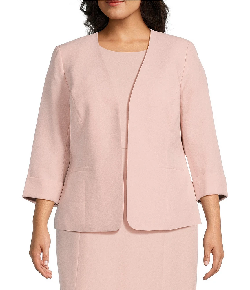 Kasper Plus Size Crepe Rolled Cuff 3/4 Sleeve Open Front Cardigan Jacket