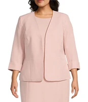 Kasper Plus Size Crepe Rolled Cuff 3/4 Sleeve Open Front Cardigan Jacket