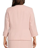 Kasper Plus Size Crepe Rolled Cuff 3/4 Sleeve Open Front Cardigan Jacket