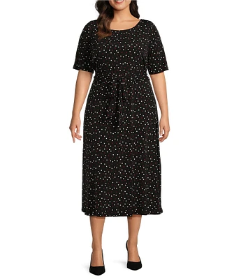 Kasper Plus Size Dotted Crew Neck Short Sleeve Tie-Waist Midi Dress