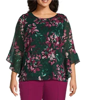 Kasper Plus Size Floral 3/4 Ruffle Sleeve Blouse