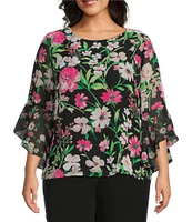 Kasper Plus Size Floral Chiffon Crew Neck 3/4 Ruffle Sleeve Blouse