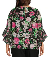 Kasper Plus Size Floral Chiffon Crew Neck 3/4 Ruffle Sleeve Blouse