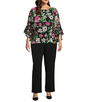 Kasper Plus Size Floral Chiffon Crew Neck 3/4 Ruffle Sleeve Blouse