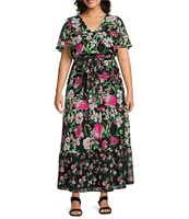 Kasper Plus Size Floral Chiffon Flutter Sleeve Tiered Dress