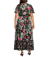 Kasper Plus Size Floral Chiffon Flutter Sleeve Tiered Dress