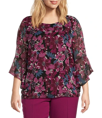 Kasper Plus Size Floral Crew Neck 3/4 Ruffle Sleeve Blouse