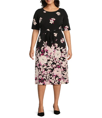 Kasper Plus Size Floral Crew Neck Short Sleeve Tie Waist Fit & Flare Dress