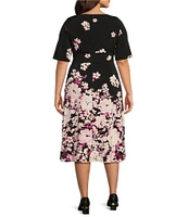Kasper Plus Size Floral Crew Neck Short Sleeve Tie Waist Fit & Flare Dress