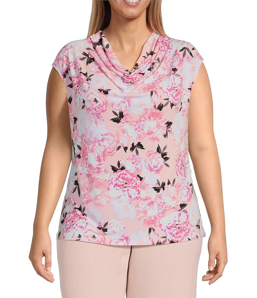 Kasper Plus Size Floral Drapey Knit Cowl Neck Sleeveless Blouse