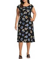 Kasper Plus Size Floral Print Cowl Neck Cap Sleeve Coordinating Fitted Blouse