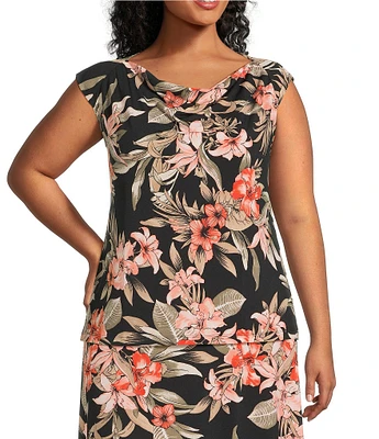 Kasper Plus Size Floral Print Cowl Neck Raglan Cap Sleeve Coordinating Top