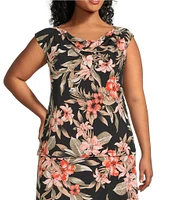 Kasper Plus Size Floral Print Cowl Neck Raglan Cap Sleeve Coordinating Top