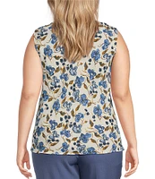 Kasper Plus Size Floral Print Crepe Tie Front Neck Sleeveless Fitted Blouse