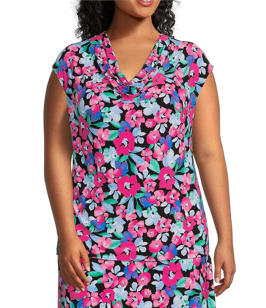 Kasper Plus Size Floral Print Drape Neck Short Sleeve Fitted Top