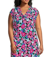 Kasper Plus Size Floral Print Drape Neck Short Sleeve Fitted Top