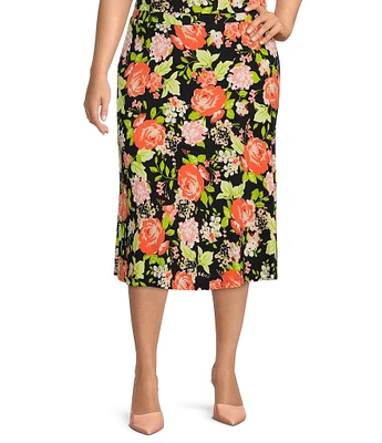 Kasper Plus Size Floral Print Midi Flared Coordinating A-Line Pull-On Skirt