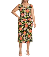 Kasper Plus Size Floral Print Midi Flared Coordinating A-Line Pull-On Skirt