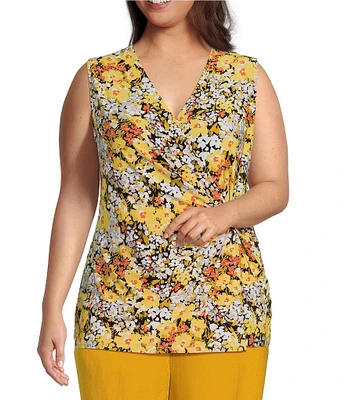 Kasper Plus Size Floral Print V-Neck Sleeveless Front Buckle Wrap Tank