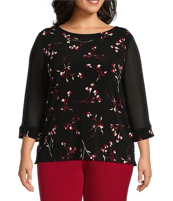 Kasper Plus Size Floral Printed Chiffon Boat Neck Long Sleeve Top